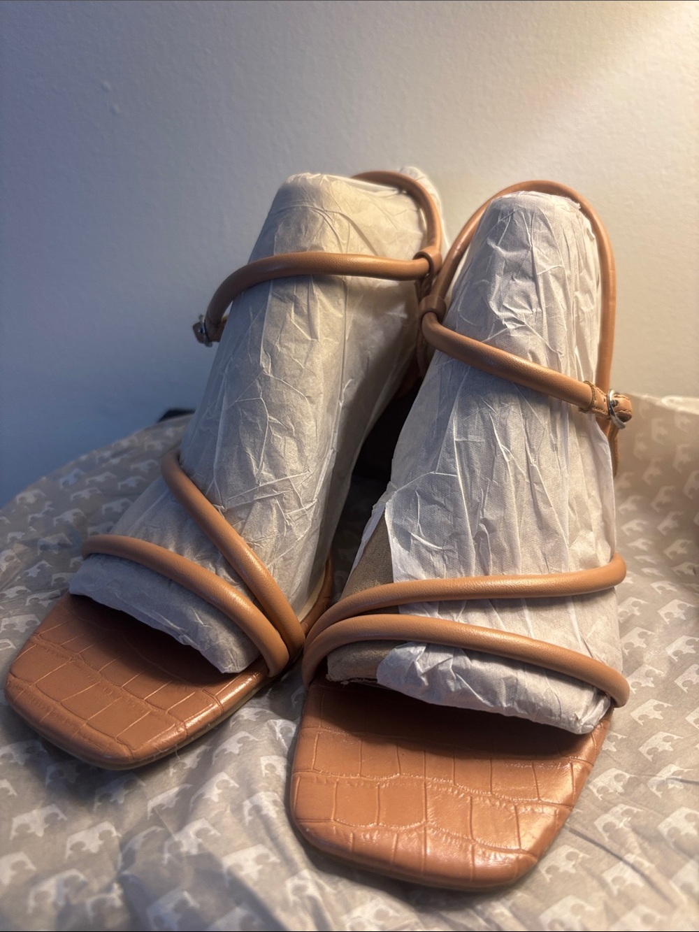 Nine West Camel Tan Strappy Square-Toe Heels